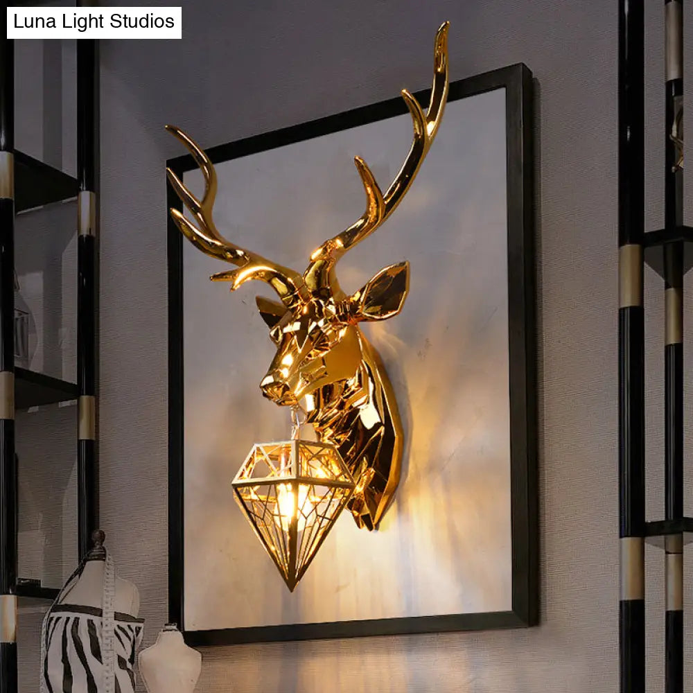 Rustic Silver/Gold Diamond Indoor Sconce Light With Deer Backplate - 1 Resin Wall Lamp Fixture
