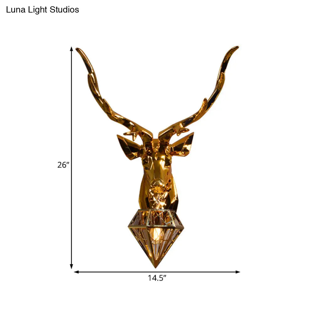 Rustic Silver/Gold Diamond Indoor Sconce Light With Deer Backplate - 1 Resin Wall Lamp Fixture