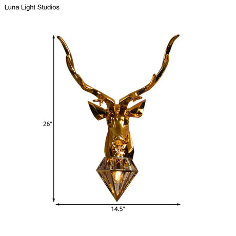 Rustic Silver/Gold Diamond Indoor Sconce Light With Deer Backplate - 1 Resin Wall Lamp Fixture