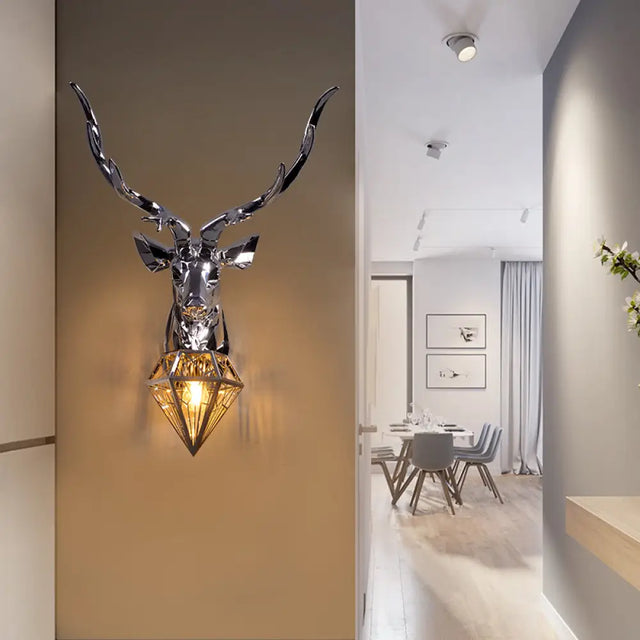 Rustic Silver/Gold Diamond Indoor Sconce Light With Deer Backplate - 1 Resin Wall Lamp Fixture
