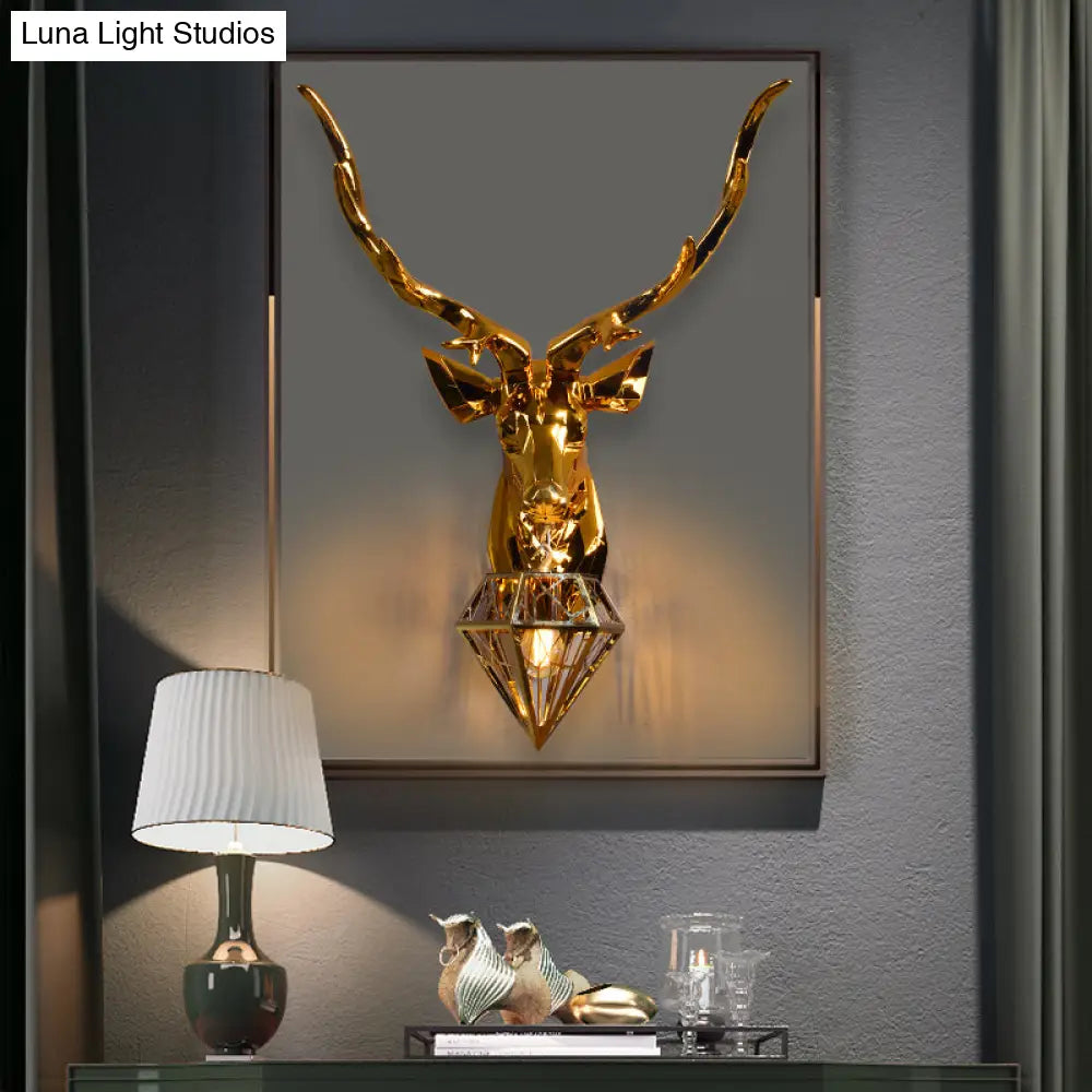 Rustic Silver/Gold Diamond Indoor Sconce Light With Deer Backplate - 1 Resin Wall Lamp Fixture
