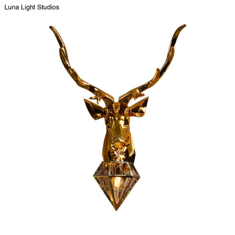 Rustic Silver/Gold Diamond Indoor Sconce Light With Deer Backplate - 1 Resin Wall Lamp Fixture