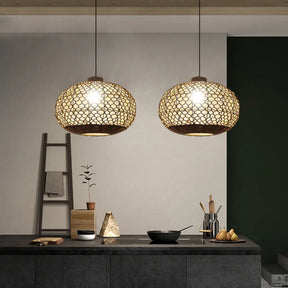 Rustic Single Bulb Pendant Lighting Kit: Oval Lantern Hemp Rope Hanging Lamp In Flaxen