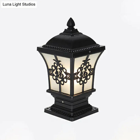 Rustic Square Pillar Lamp - 1-Light Frost Glass Post Lighting Fixture For Courtyard