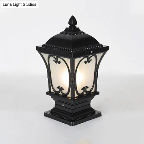 Rustic Square Pillar Lamp - 1-Light Frost Glass Post Lighting Fixture For Courtyard