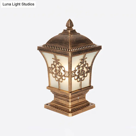 Rustic Square Pillar Lamp - 1-Light Frost Glass Post Lighting Fixture For Courtyard
