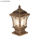 Rustic Square Pillar Lamp - 1-Light Frost Glass Post Lighting Fixture For Courtyard