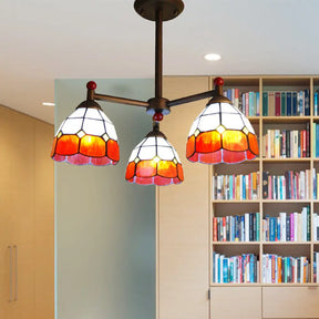 Rustic Stained Glass 3-Light Semi Flush Mount Ceiling Fixture For Dining Room - Red/Blue/Yellow Red