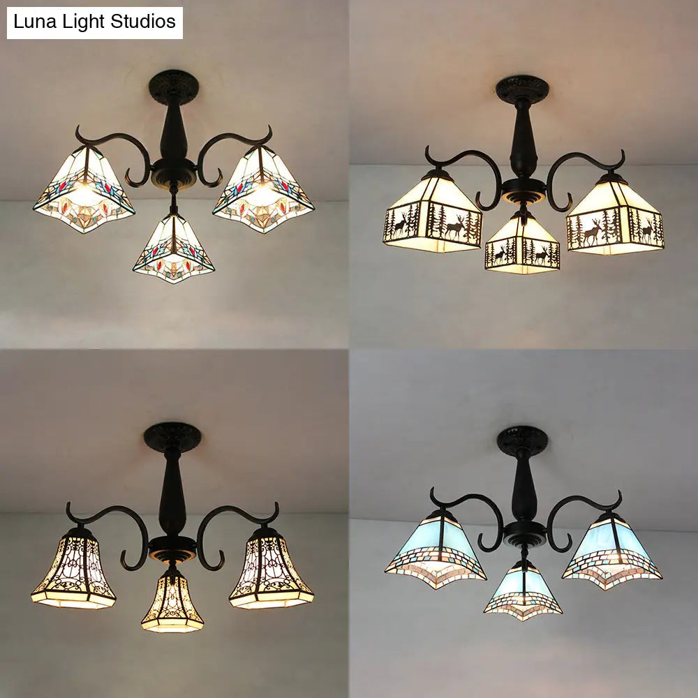 Rustic Stained Glass Ceiling Light Fixture With Geometric Semi Flush Design – 3 Heads