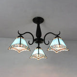Rustic Stained Glass Ceiling Light Fixture With Geometric Semi Flush Design – 3 Heads