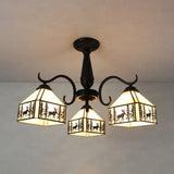 Rustic Stained Glass Ceiling Light Fixture With Geometric Semi Flush Design – 3 Heads