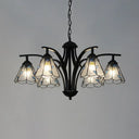 Rustic Stained Glass Chandelier With Leaf Design In Green/Blue - 6 Light Cone Hanging Fixture Black