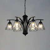 Rustic Stained Glass Chandelier With Leaf Design In Green/Blue - 6 Light Cone Hanging Fixture Black