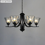 Rustic Stained Glass Chandelier With Leaf Design In Green/Blue - 6 Light Cone Hanging Fixture Black