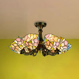 Rustic Stained Glass Chandelier With Multi-Light Suspension & Bronze Accents / Up Flower