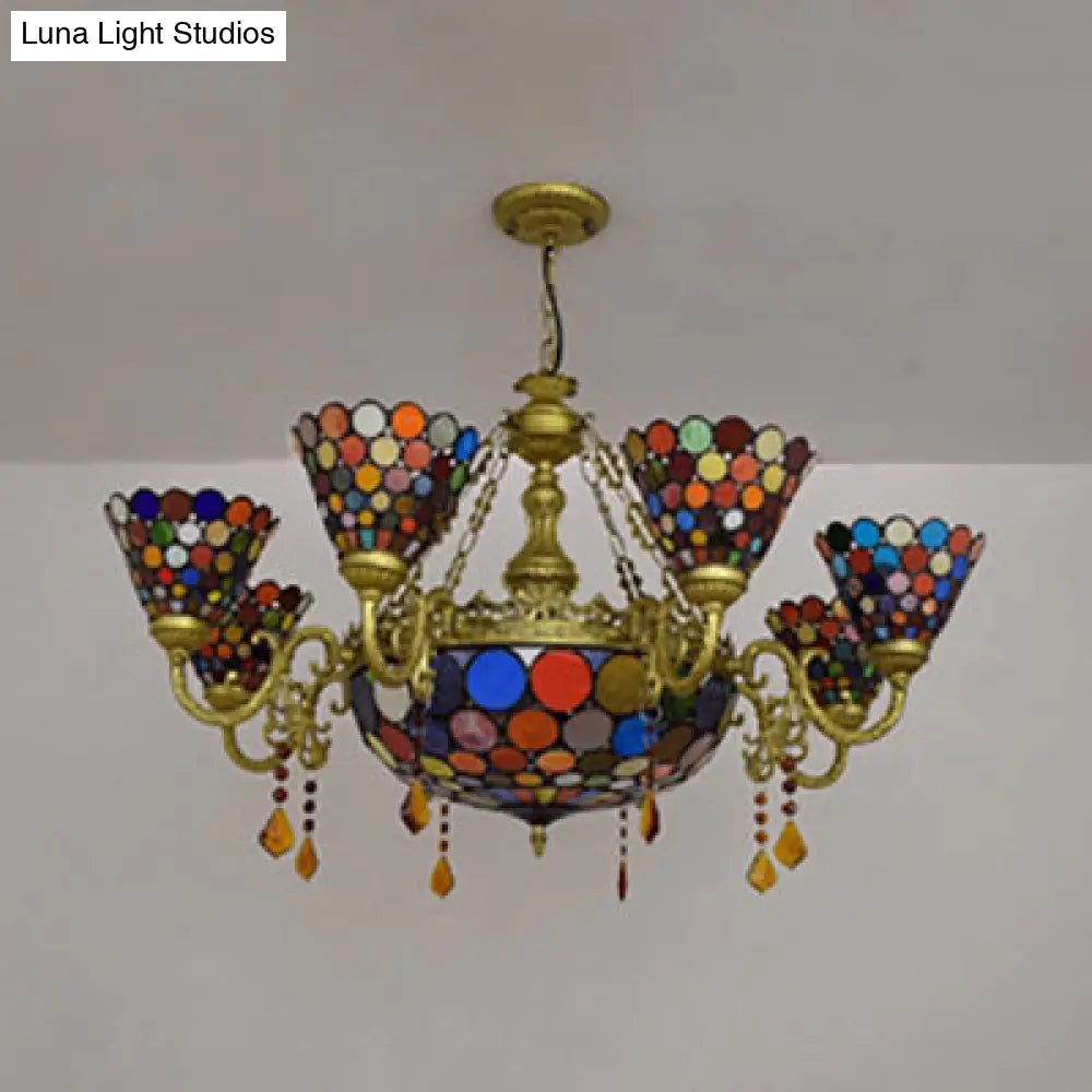 Rustic Stained Glass Cone Chandelier - Colorful Circle Pattern 11 Lights