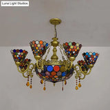 Rustic Stained Glass Cone Chandelier - Colorful Circle Pattern 11 Lights