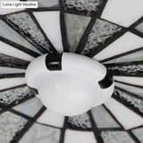 Rustic Stained Glass Flushmount Ceiling Light - Round 1-Light Fixture In Blue/White For Bedroom