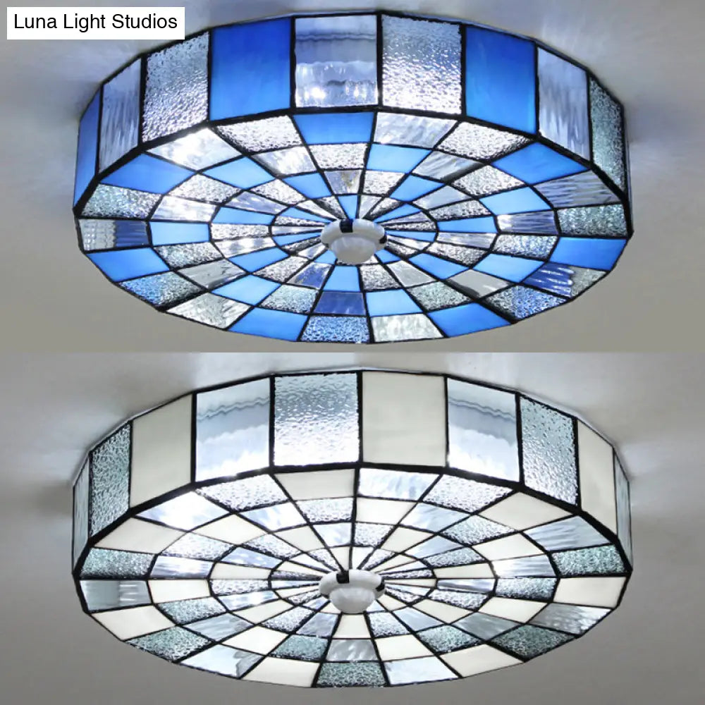 Rustic Stained Glass Flushmount Ceiling Light - Round 1-Light Fixture In Blue/White For Bedroom