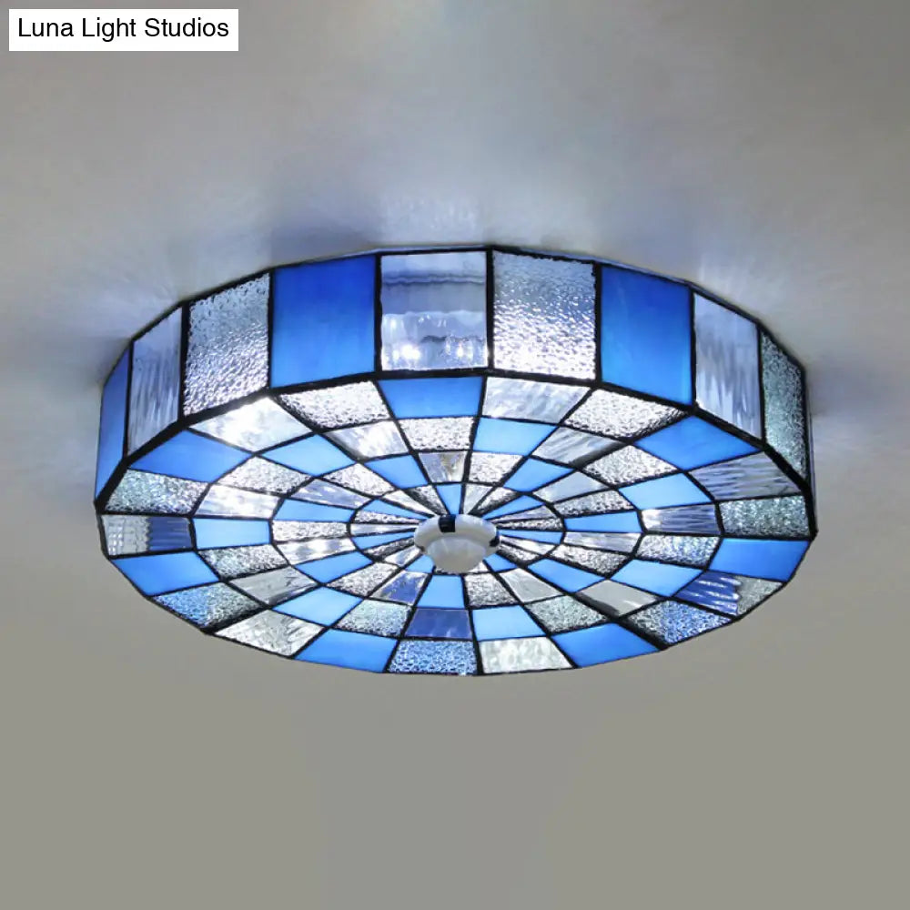 Rustic Stained Glass Flushmount Ceiling Light - Round 1-Light Fixture In Blue/White For Bedroom