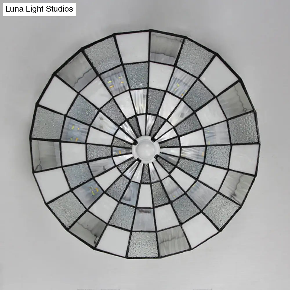 Rustic Stained Glass Flushmount Ceiling Light - Round 1-Light Fixture In Blue/White For Bedroom
