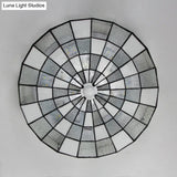 Rustic Stained Glass Flushmount Ceiling Light - Round 1-Light Fixture In Blue/White For Bedroom