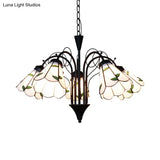 Rustic Stained Glass Leaf Chandelier With Metal Chain - 5 Light Pendant For Bedroom In Beige