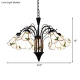 Rustic Stained Glass Leaf Chandelier With Metal Chain - 5 Light Pendant For Bedroom In Beige