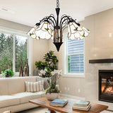 Rustic Stained Glass Leaf Chandelier With Metal Chain - 5 Light Pendant For Bedroom In Beige