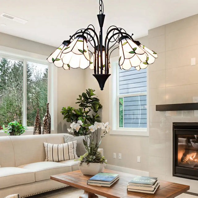 Rustic Stained Glass Leaf Chandelier With Metal Chain - 5 Light Pendant For Bedroom In Beige