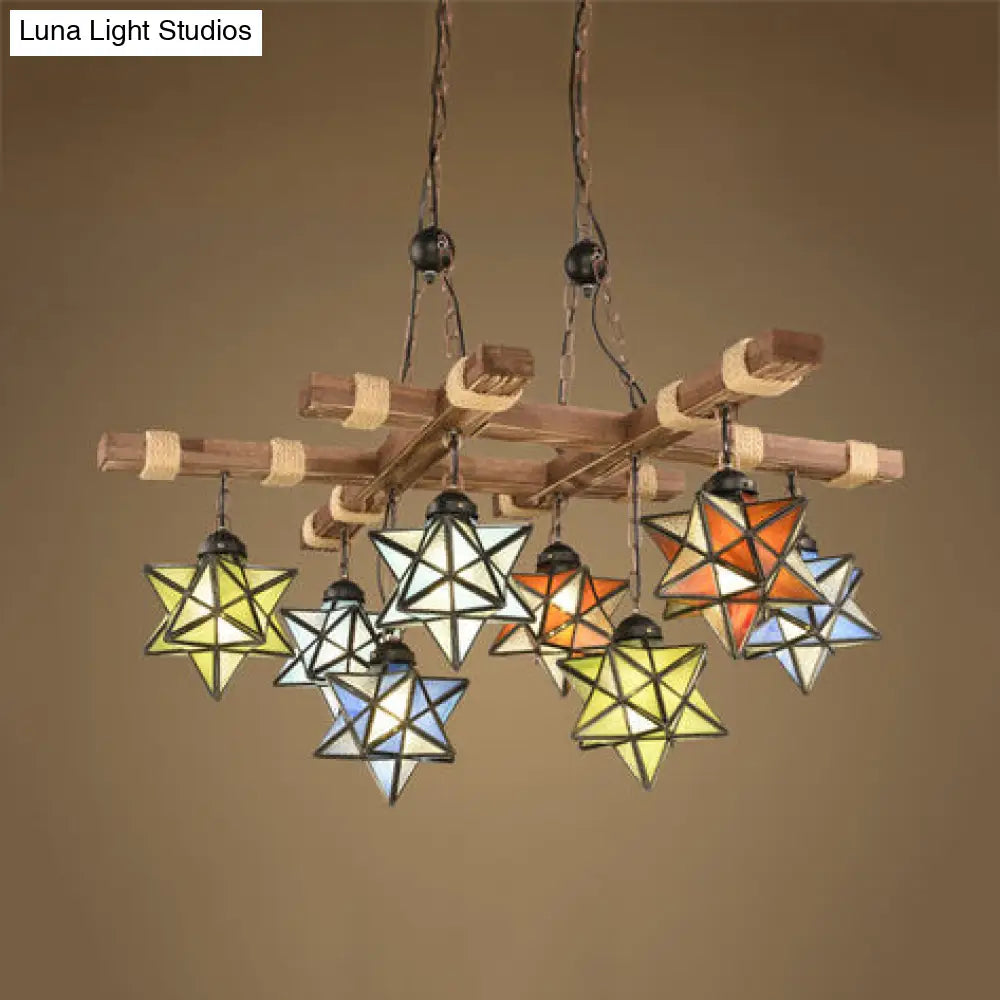 Rustic Stained Glass Loft Star Pendant Chandelier - 6/8 Lights Ideal For Restaurants