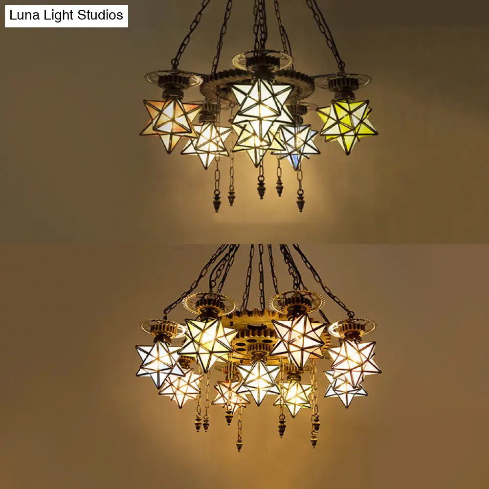 Rustic Stained Glass Star Chandelier With 6/9 Lights - Perfect For Restaurants