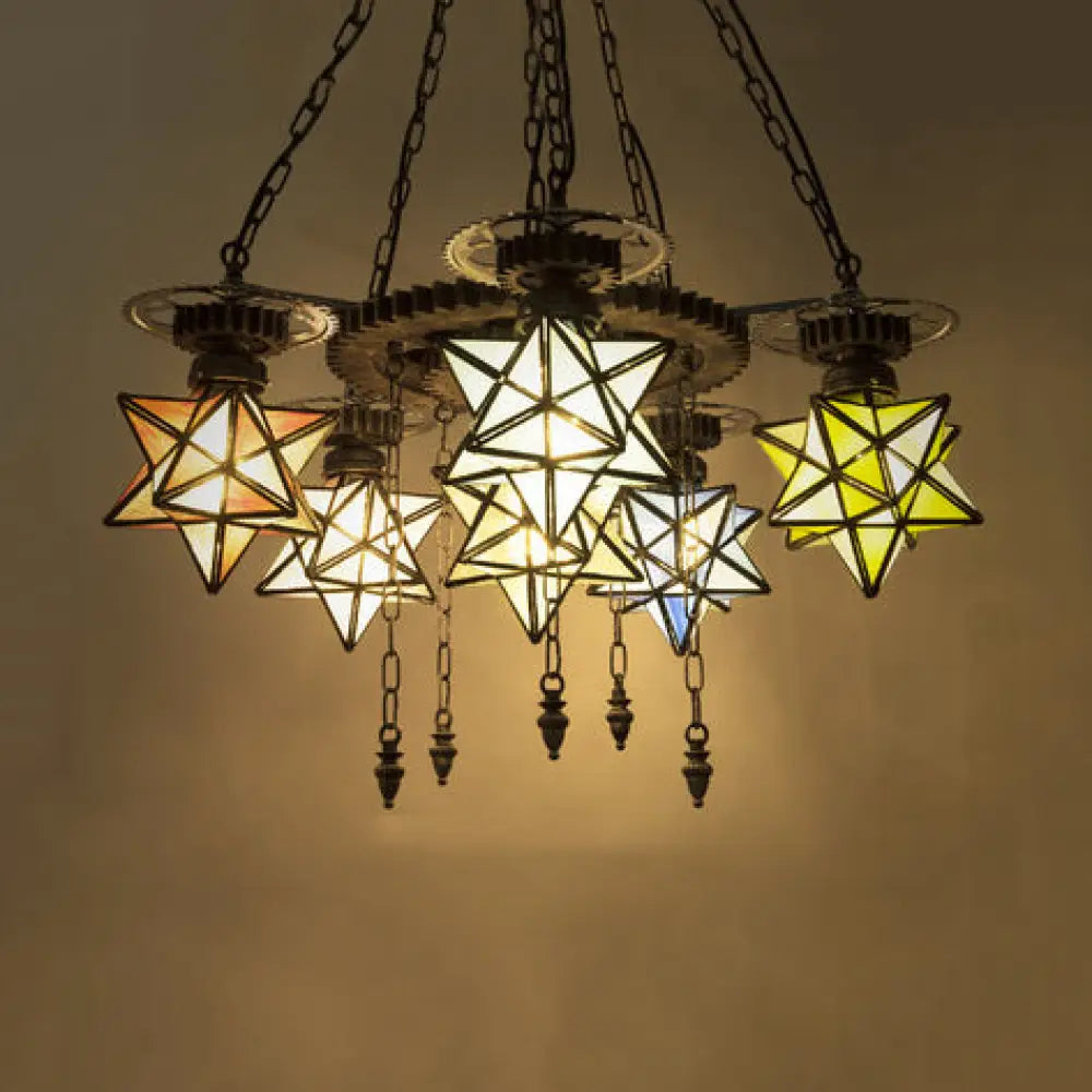 Rustic Stained Glass Star Chandelier With 6/9 Lights - Perfect For Restaurants 6 / Rust