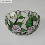 Rustic Stained Glass Wall Lamp - Green Bowl Mount Light With Pink Rose Accent