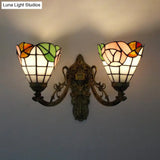 Rustic Stained Glass Wall Light - 2 Lights Orange/Pink/Blue/Beige Library & Living Room Sconce