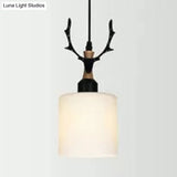 Rustic Style Opal Glass Pendant Lamp With Antlers - Cloth Shop 1 Bulb Suspension Light