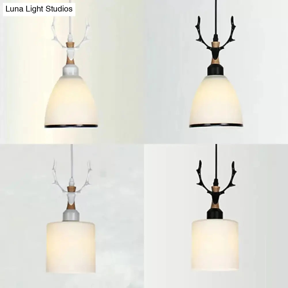 Rustic Style Opal Glass Pendant Lamp With Antlers - Cloth Shop 1 Bulb Suspension Light