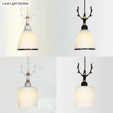Rustic Style Opal Glass Pendant Lamp With Antlers - Cloth Shop 1 Bulb Suspension Light