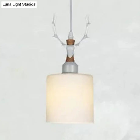 Rustic Style Opal Glass Pendant Lamp With Antlers - Cloth Shop 1 Bulb Suspension Light