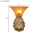 Rustic Style Peacock Wall Mount Lamp - 1 Light Red/Gold Resin With Orange Glass Scalloped Shade