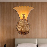 Rustic Style Peacock Wall Mount Lamp - 1 Light Red/Gold Resin With Orange Glass Scalloped Shade