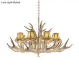 Rustic Style Resin Chandelier With 8 Heads White Cone Shade And Antler Detail - Living Room Pendant