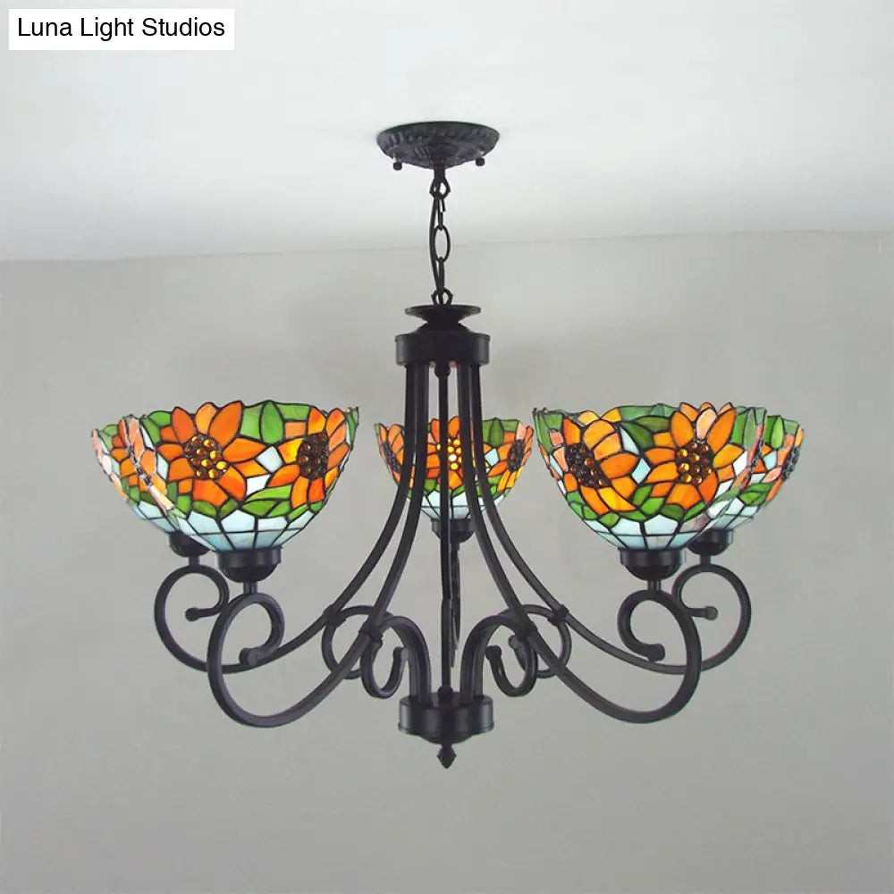 Rustic Sunflower Chandelier Pendant Light With Stained Glass Bowl Shade - 5 Lights In Orange