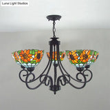 Rustic Sunflower Chandelier Pendant Light With Stained Glass Bowl Shade - 5 Lights In Orange