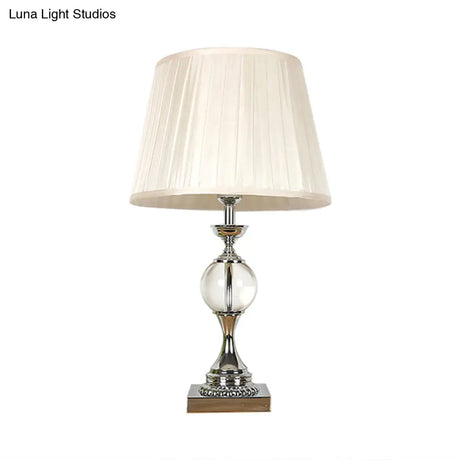 Rustic Table Lamp With Pleated Shade Fabric And Crystal Ball Deco - Bedroom Night Light In White