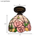 Rustic Tiffany Rose/Morning Glory Flushmount Light - Stained Glass Ceiling In Pink For Cafe