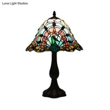 Rustic Tiffany Stained Glass Desk Light With Peacock Tail/Dragonfly Design - Green