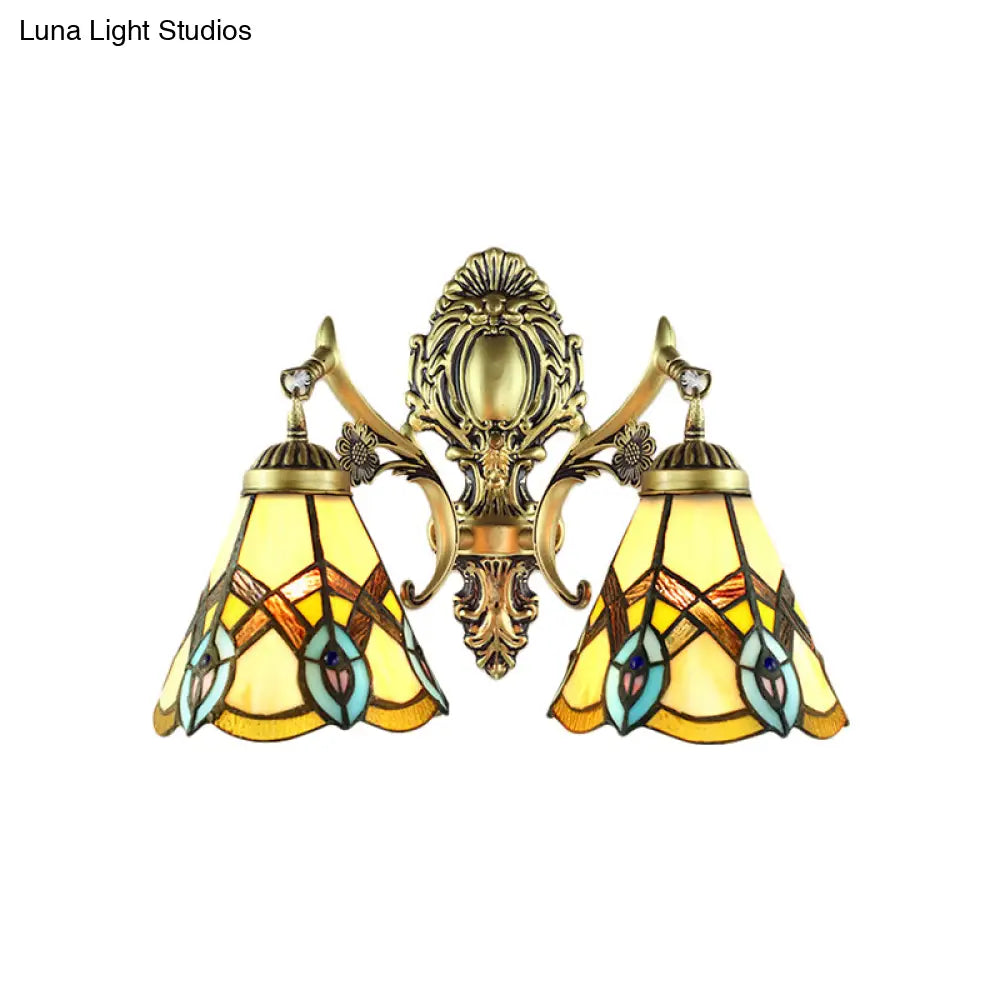 Rustic Tiffany Stained Glass Sconce Lighting - Indoor Wall Light With Aged Brass Finish