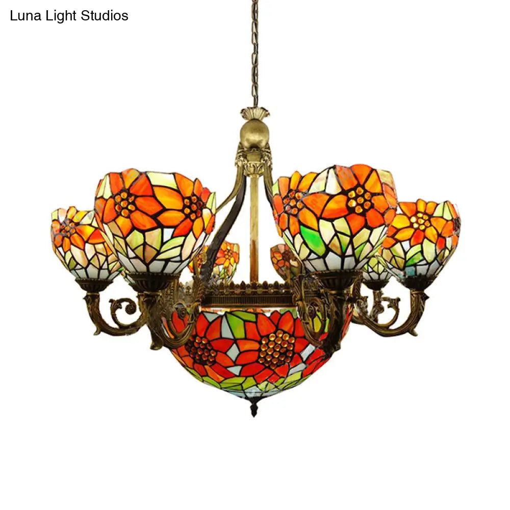 Rustic Tiffany Stained Glass Sunflower Chandelier - Multi-Head Hanging Light In Orange For Dining