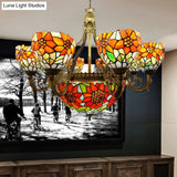 Rustic Tiffany Stained Glass Sunflower Chandelier - Multi-Head Hanging Light In Orange For Dining